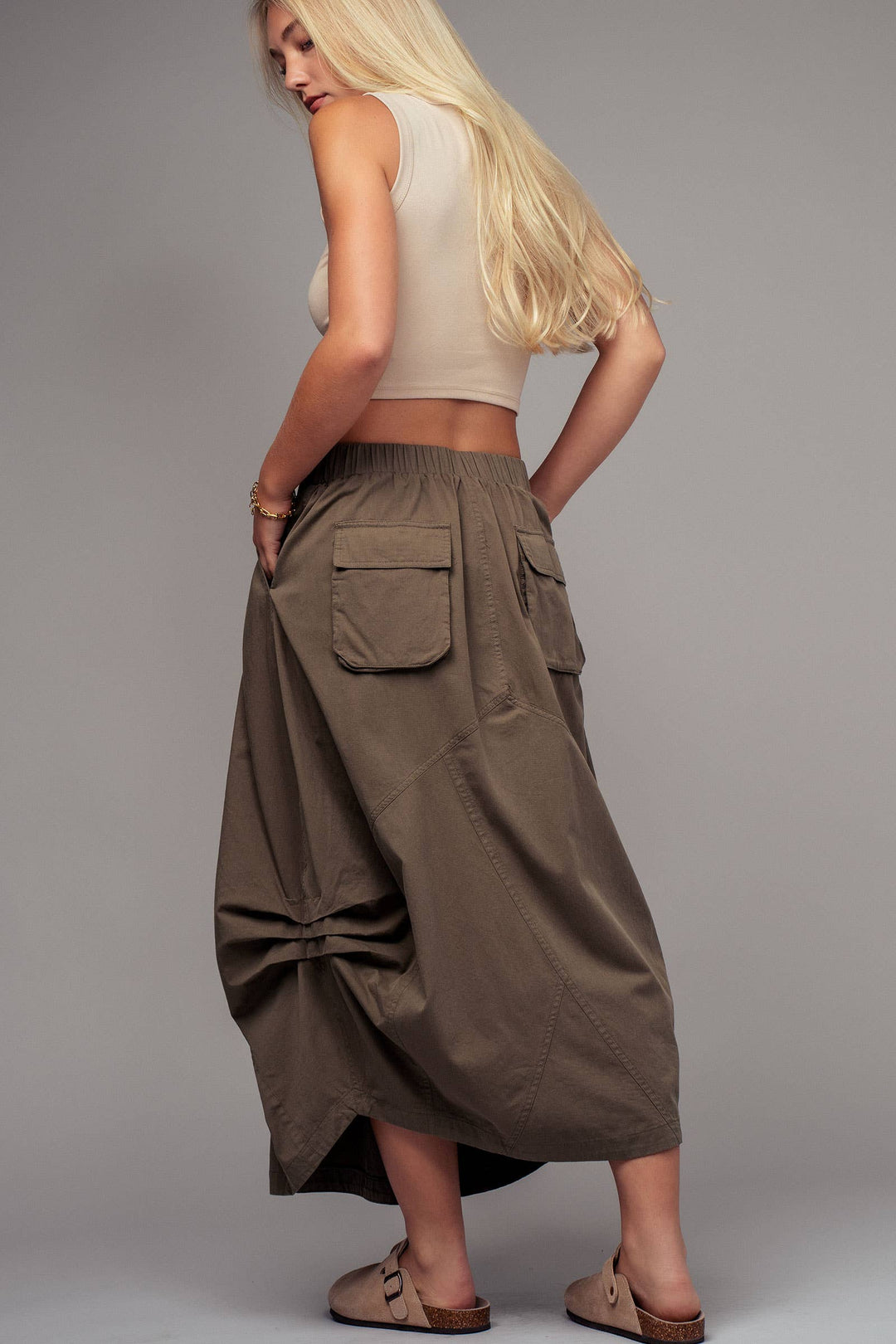 Balloon Hem Drawstring Olive Maxi Skirt