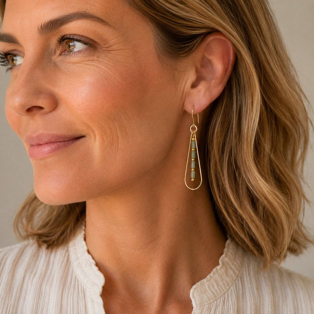 Green Aventurine and Gold Teardrop Hoop Earrings