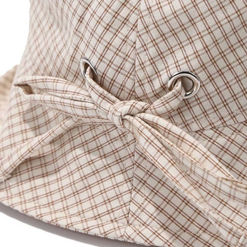 Khaki Plaid Bowknot Wide Brim Bucket Hat