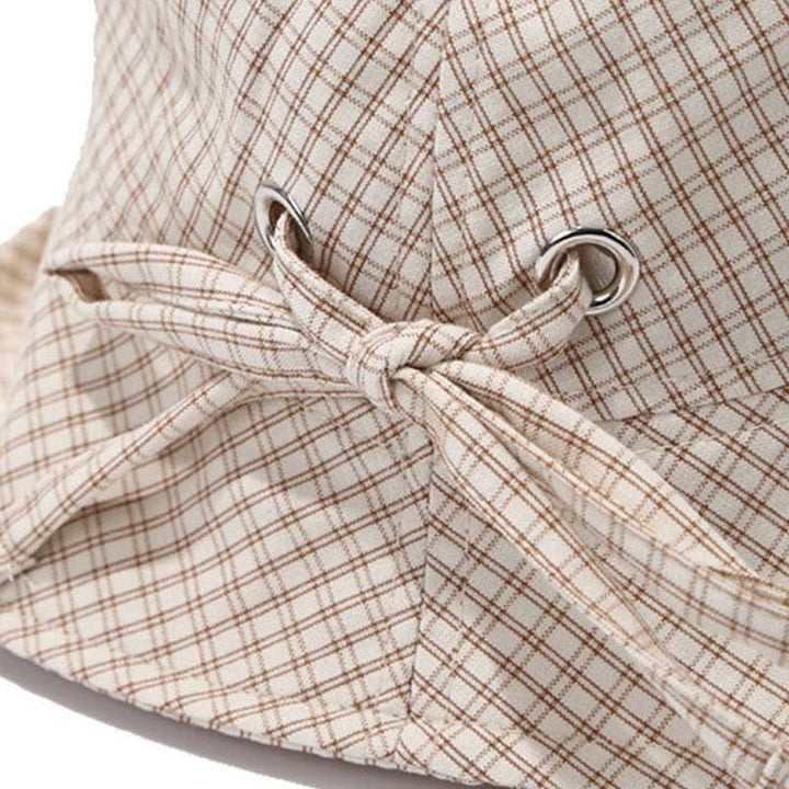 Khaki Plaid Bowknot Wide Brim Bucket Hat