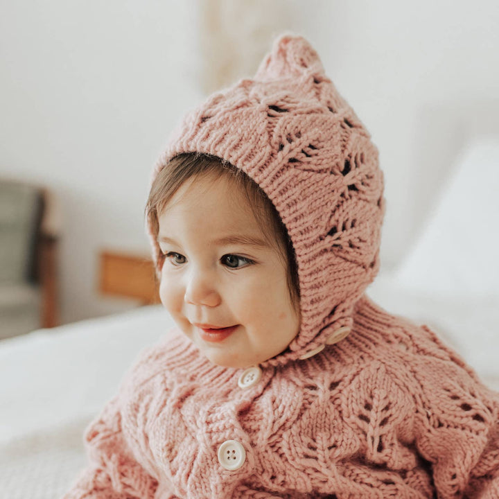 Leaf Lace Hand Knit Bonnet Rosy Pink