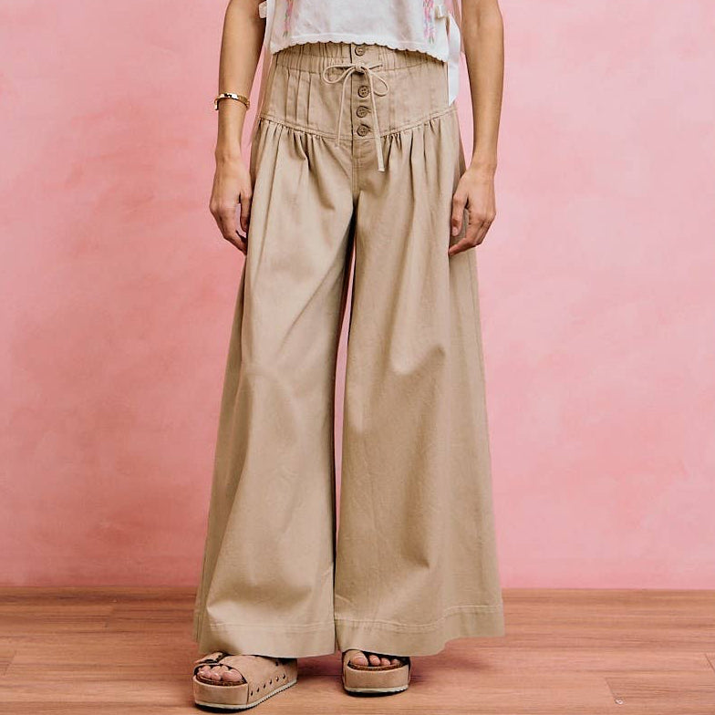 Wide leg Oatmeal Denim Pants w/ Pintuck Waist