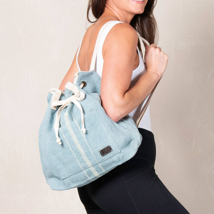 Blue Jute Adjustable Drawstring Closure Backpack Purse