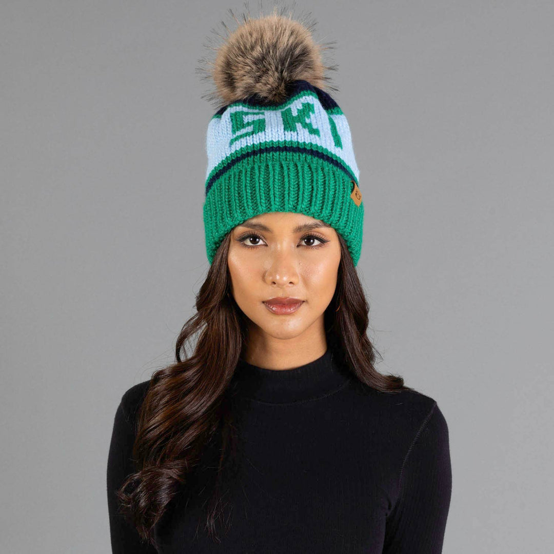 Green & Lt. Blue  Ski Pom Hat