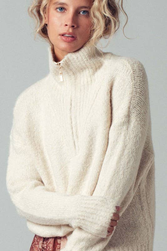 Ivory Textured Quarter-Zip Sweater