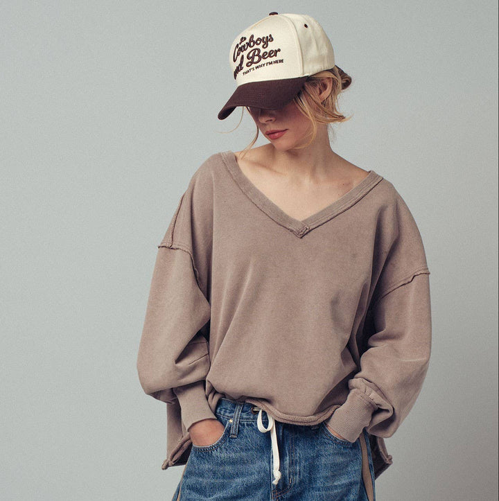 Mocha Raw Edge V-Neck Oversized Sweatshirt