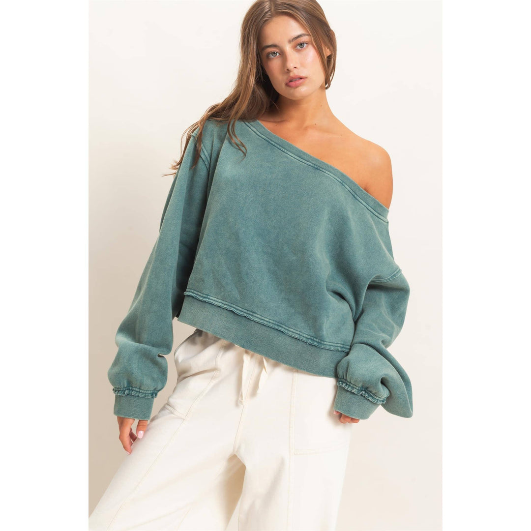 Teal Raw Edge Off The Shoulder Sweatshirt