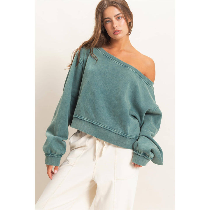 Teal Raw Edge Off The Shoulder Sweatshirt