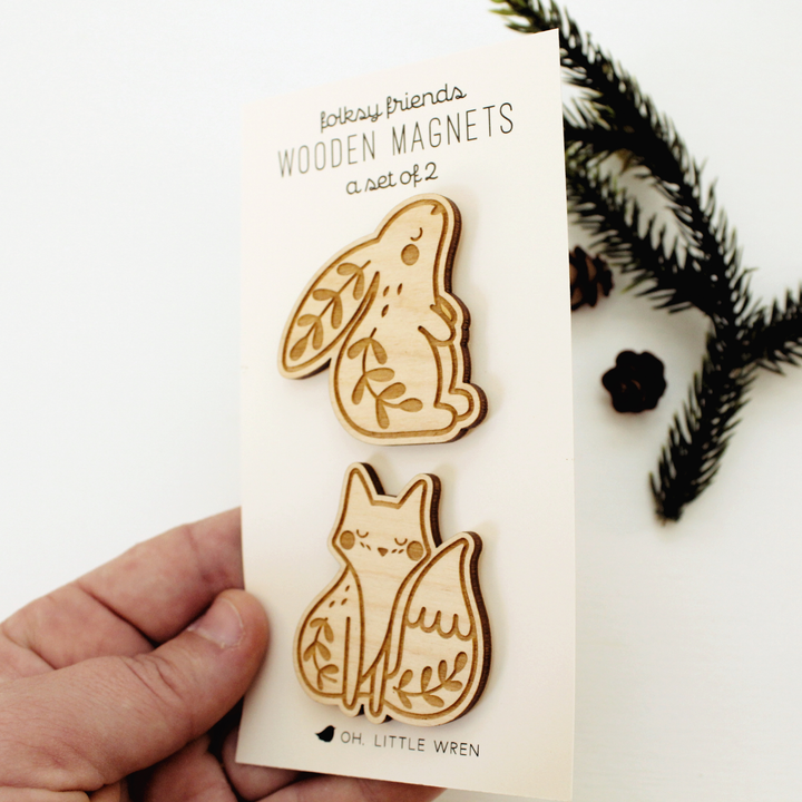 Fox + Rabbit Wood Forest Animal Magnet Pair