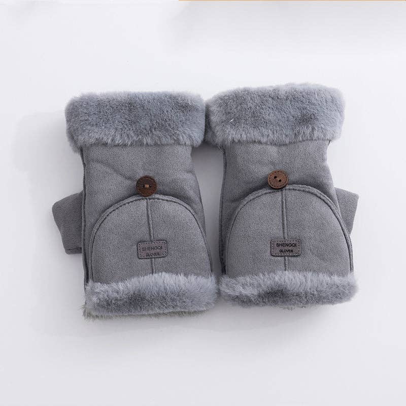 Winter Suede Convertible Thermal Fingerless Mittens  Gloves