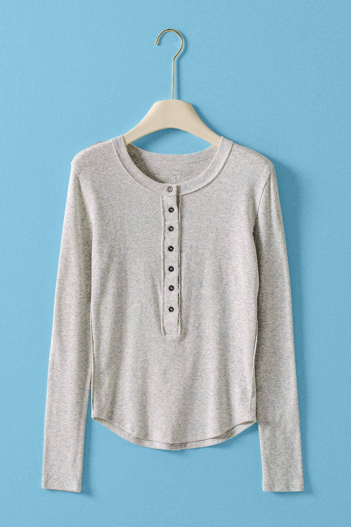 Ribbed Henley Long Sleeve Top - 3 colors