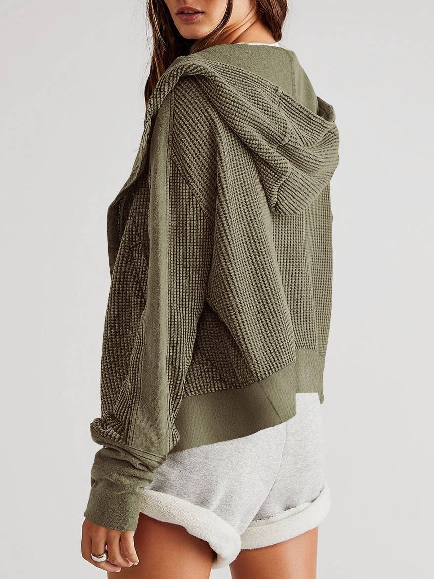Olive Button/Zip Cropped Waffle Sweatshirt