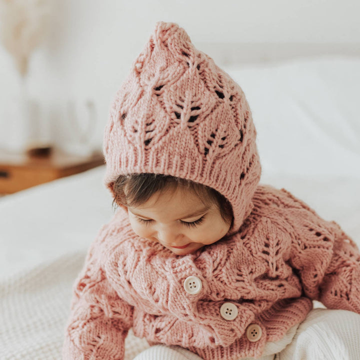 Leaf Lace Hand Knit Bonnet Rosy Pink