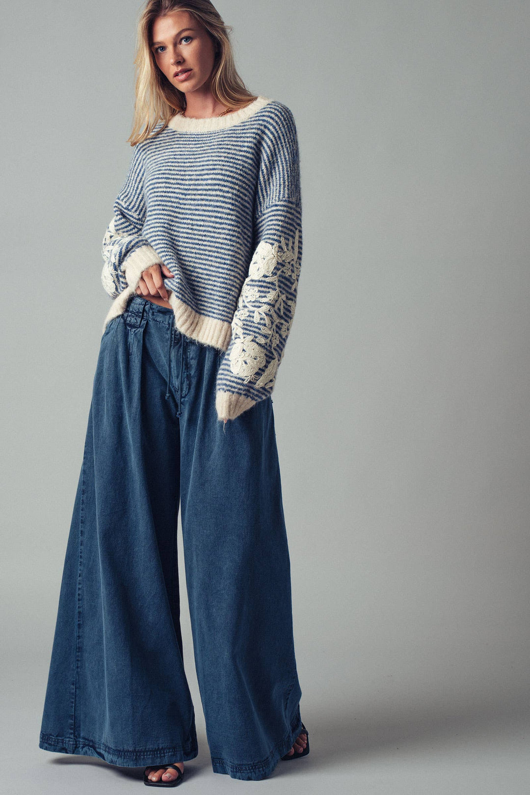 Floral Embroidered Blue Striped Knit Sweater