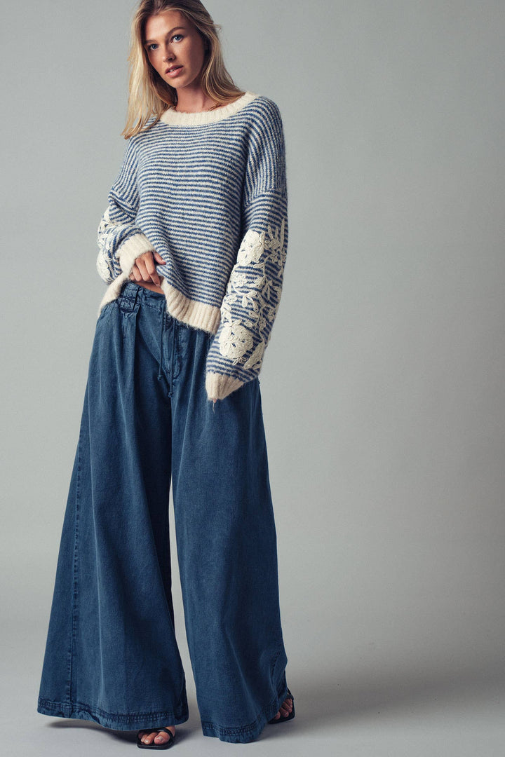 Floral Embroidered Blue Striped Knit Sweater