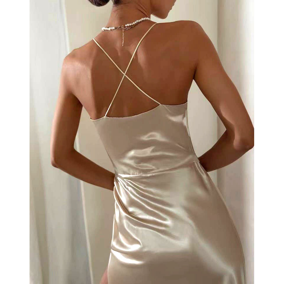 Satin Halter Slit Dress