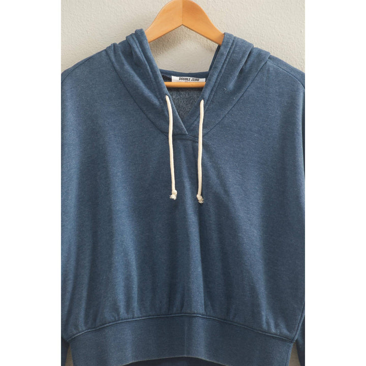 V-Neck Drawstring Detail Long Sleeve Crop Hoodie Navy