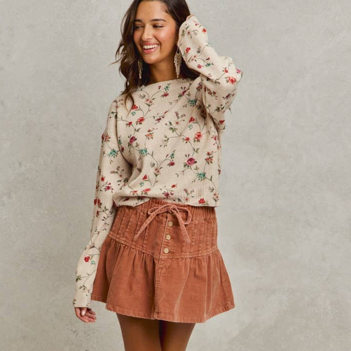 Mineral Wash Cord Flared Mini Skirt