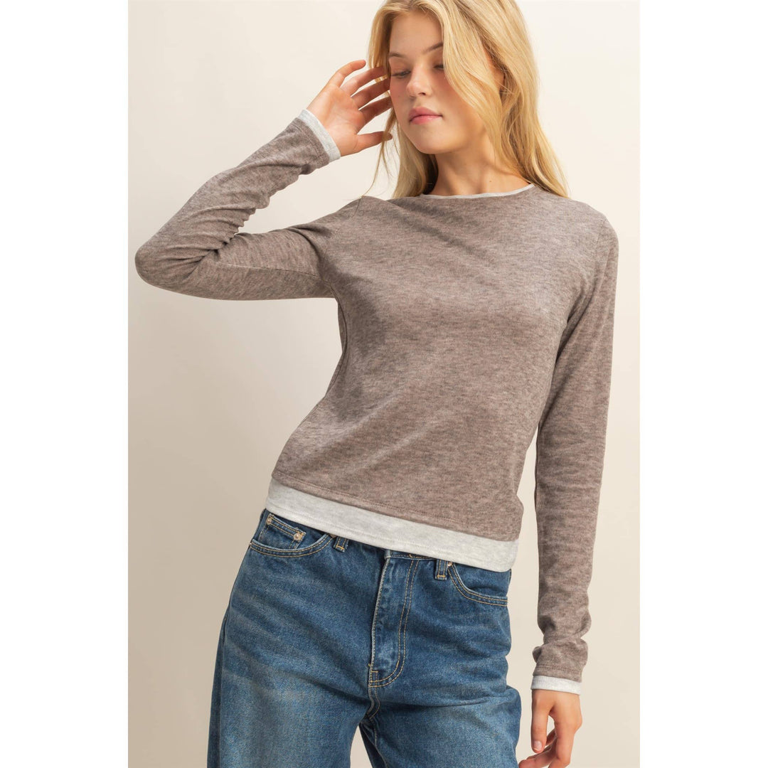 Long Sleeve Contrasting Top in Brown or Gray