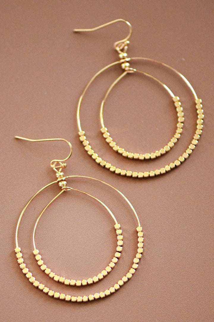 Gold Beaded Double Circle Drop Earrings