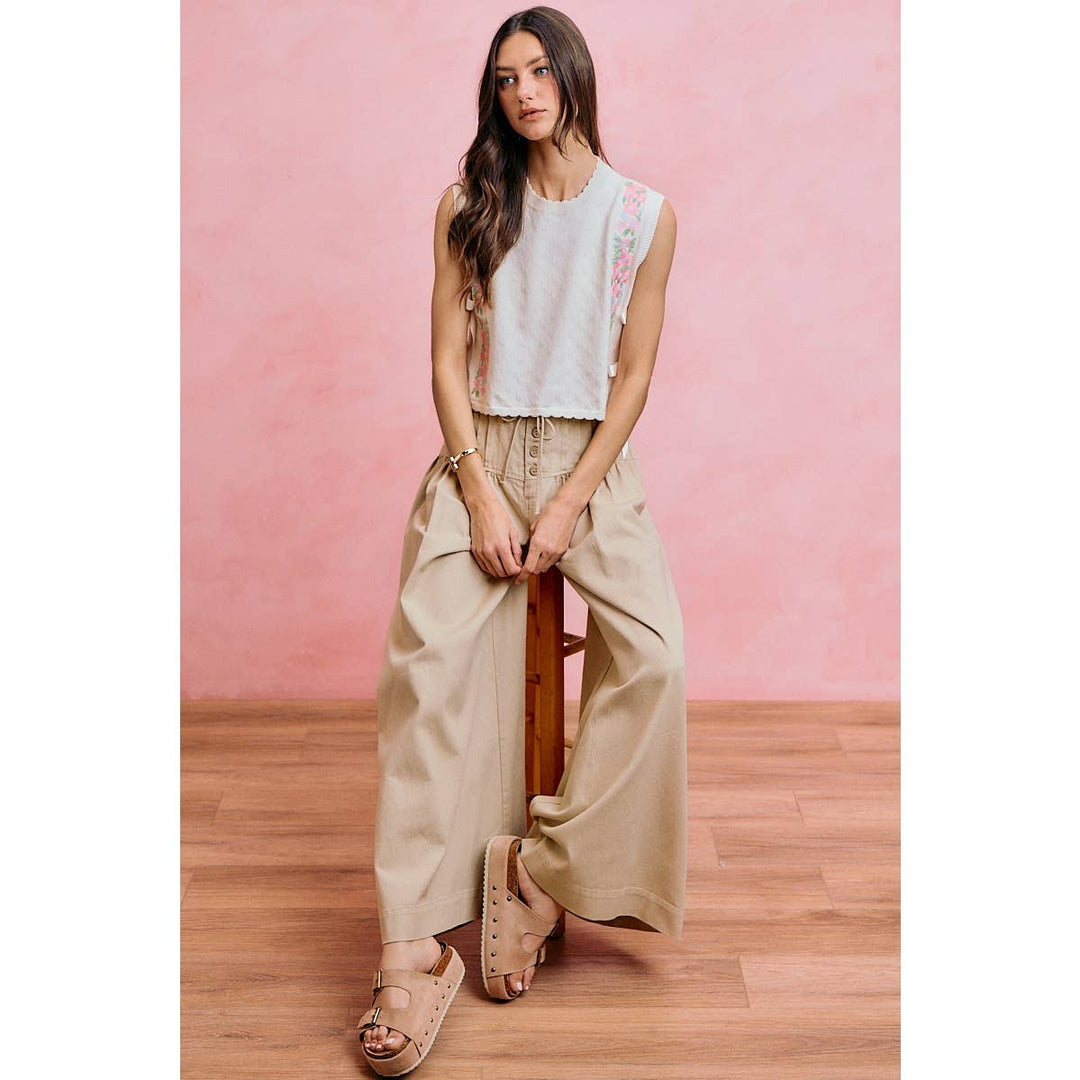 Wide leg Oatmeal Denim Pants w/ Pintuck Waist
