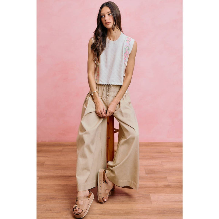 Wide leg Oatmeal Denim Pants w/ Pintuck Waist