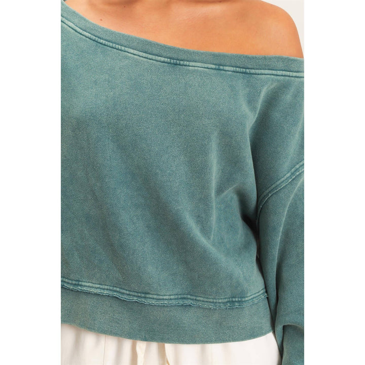 Teal Raw Edge Off The Shoulder Sweatshirt