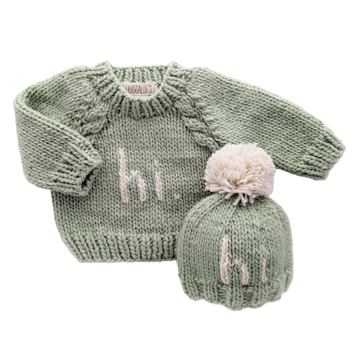 Hi. Sage Green Hand Knit Beanie Hat