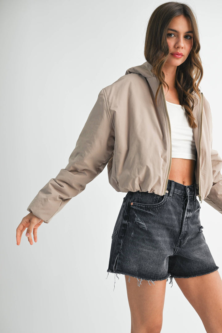 Cropped Hooded Zip-Up Puffer Jacket