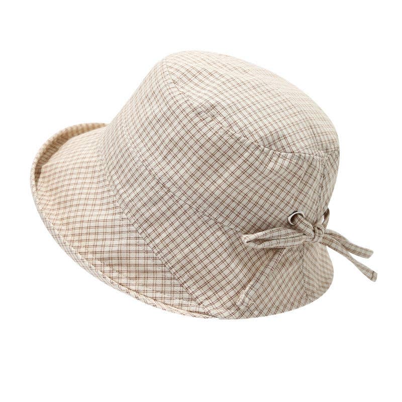 Khaki Plaid Bowknot Wide Brim Bucket Hat