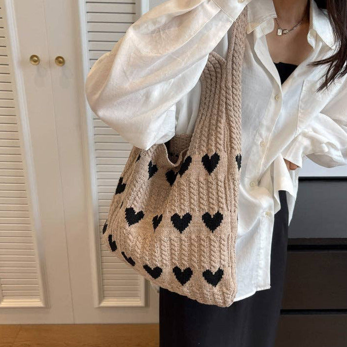 Love Print Color Block Simple Knit Shoulder Bag