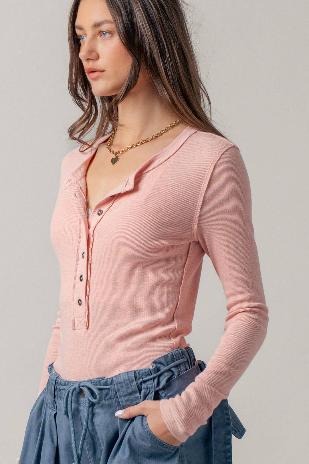 Ribbed Henley Long Sleeve Top - 3 colors