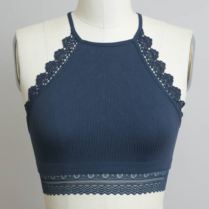 High Neck Crochet Lace Trim Bralette