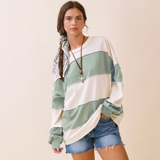 Contrast Panel Long Sleeve Slouchy Top in Butter Green