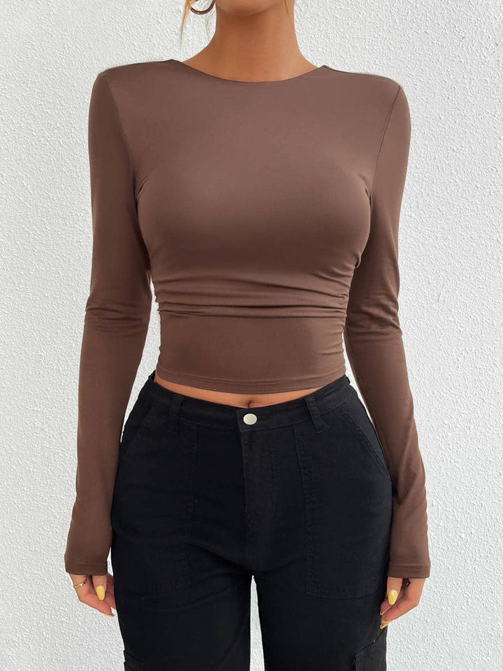 Brown Long Sleeve Crop Top with Open Back
