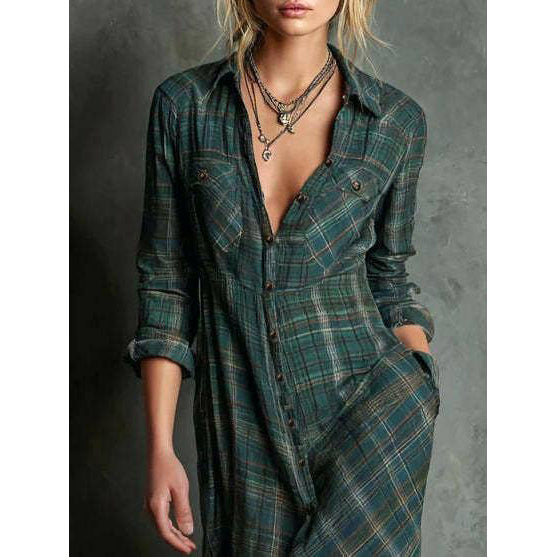 Green Plaid Maxi Shirt Dress