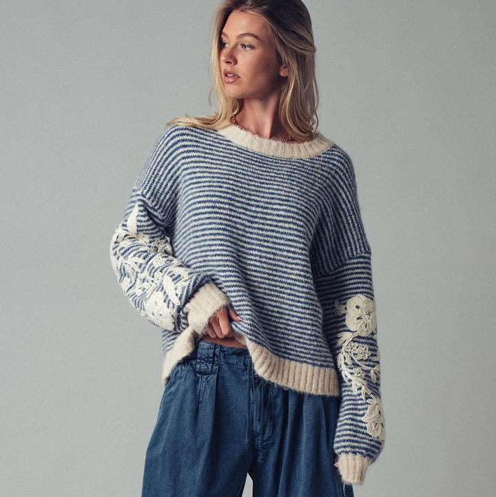 Floral Embroidered Blue Striped Knit Sweater