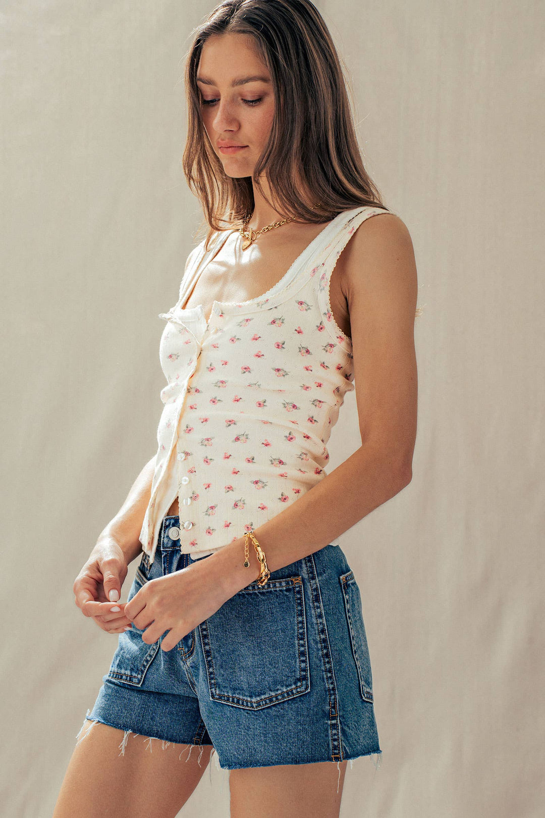 Apricot Ribbed Cotton Button-Front Picot Trim Tank