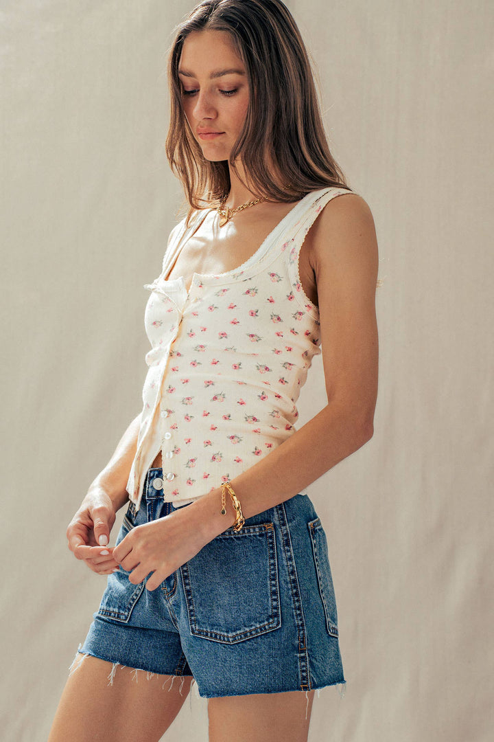Apricot Ribbed Cotton Button-Front Picot Trim Tank