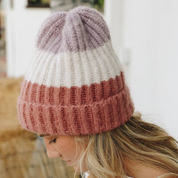 Cozy Color Block Wool Beanie in Rose or Blue