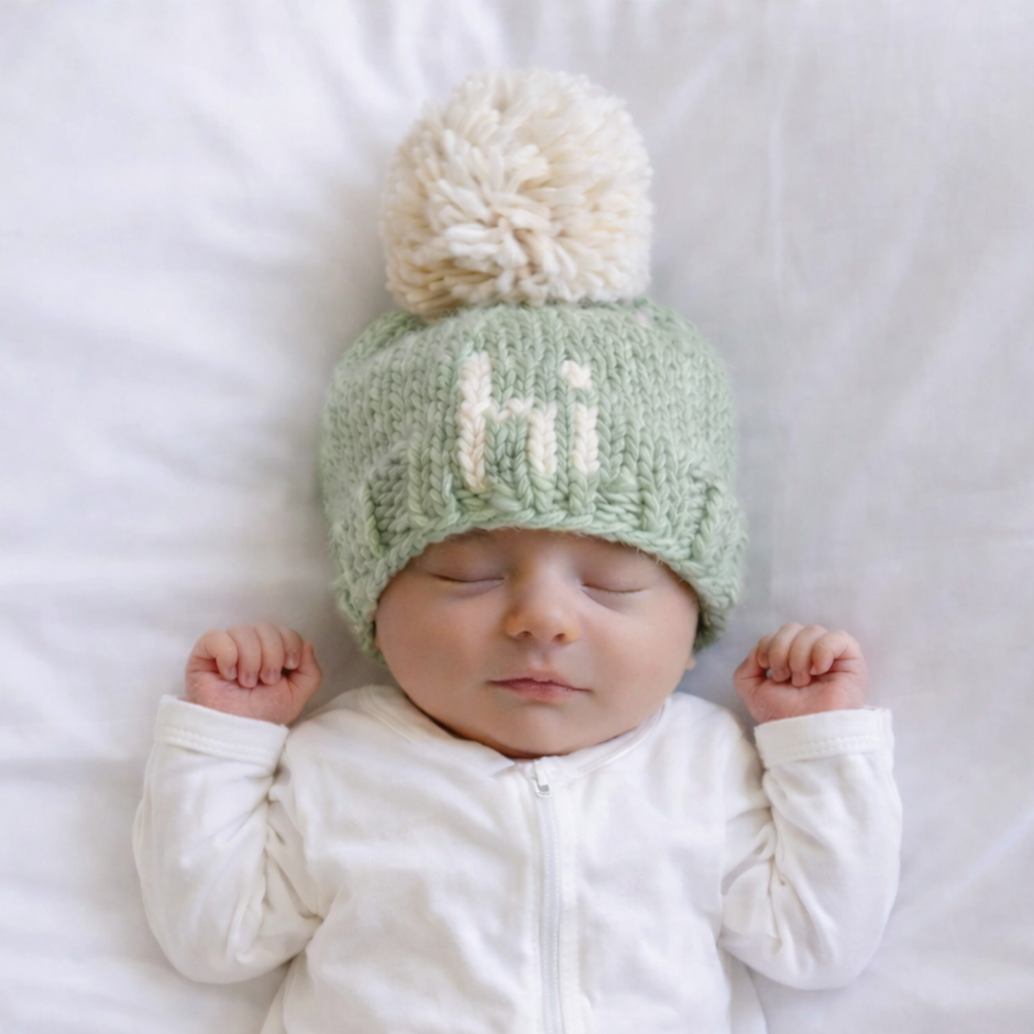 Hi. Sage Green Hand Knit Beanie Hat