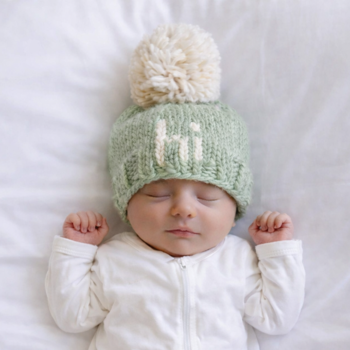 Hi. Sage Green Hand Knit Beanie Hat