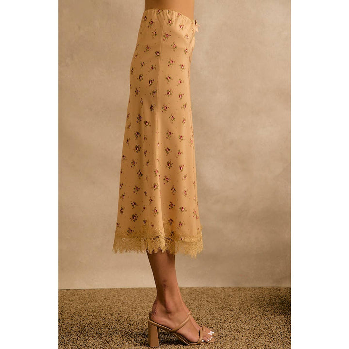 Satin Floral & Lace Trim Midi Skirt