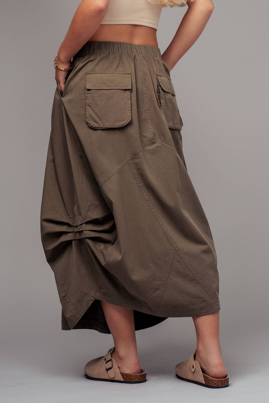 Balloon Hem Drawstring Olive Maxi Skirt