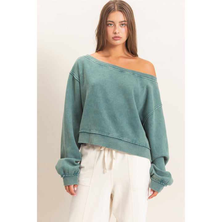 Teal Raw Edge Off The Shoulder Sweatshirt