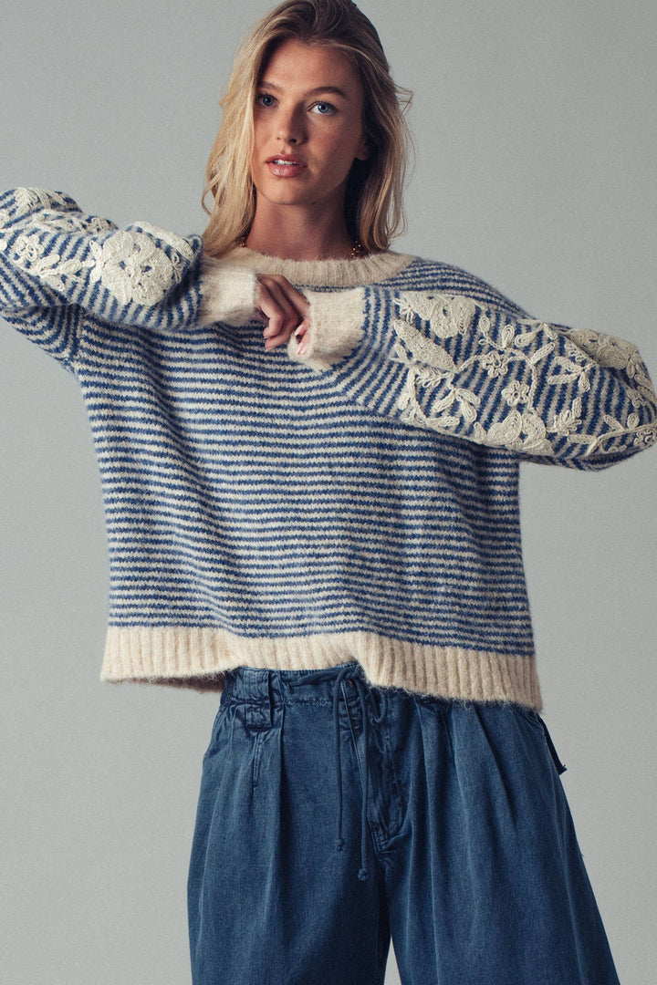 Floral Embroidered Blue Striped Knit Sweater