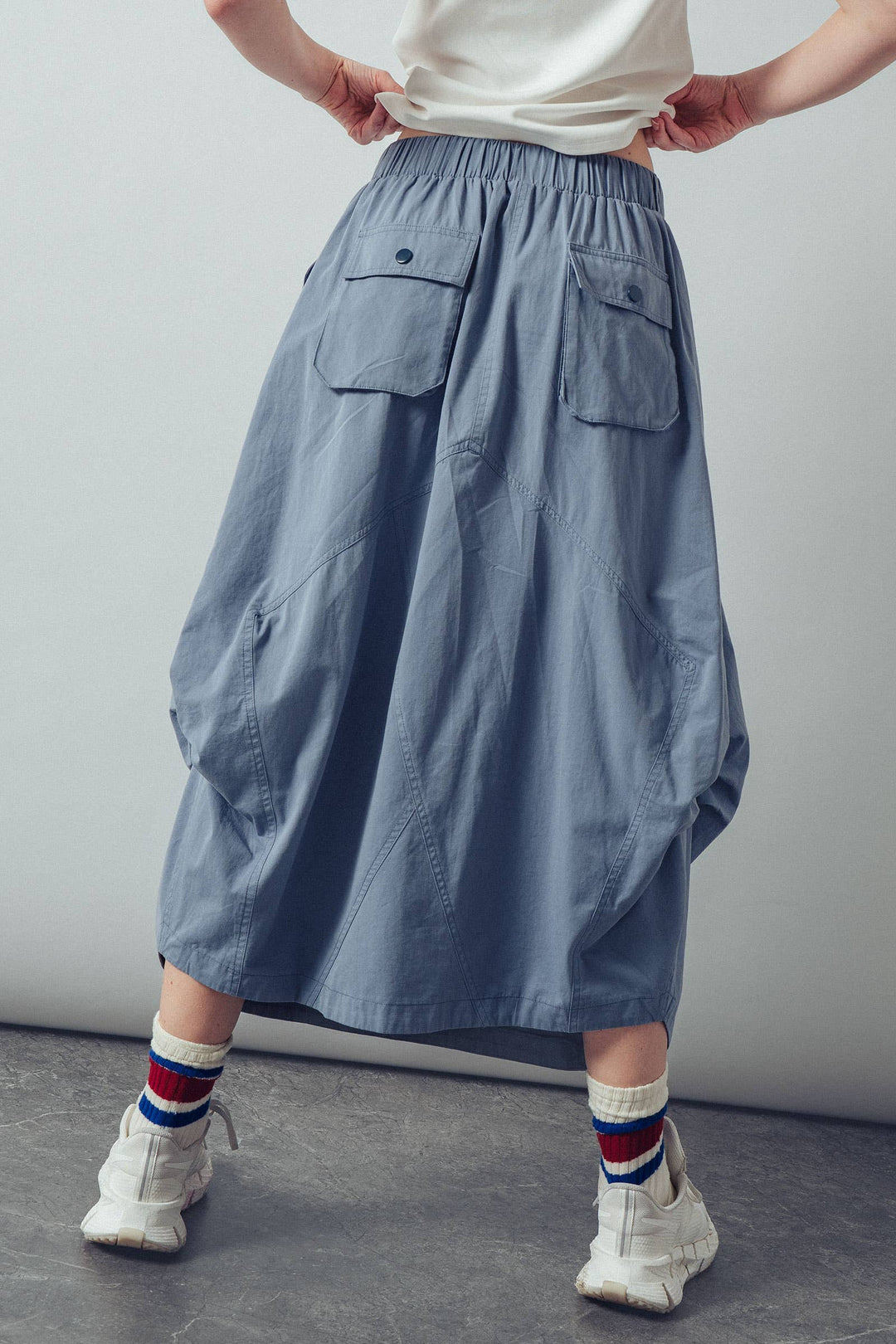 Balloon Hem Drawstring Blue Maxi Skirt