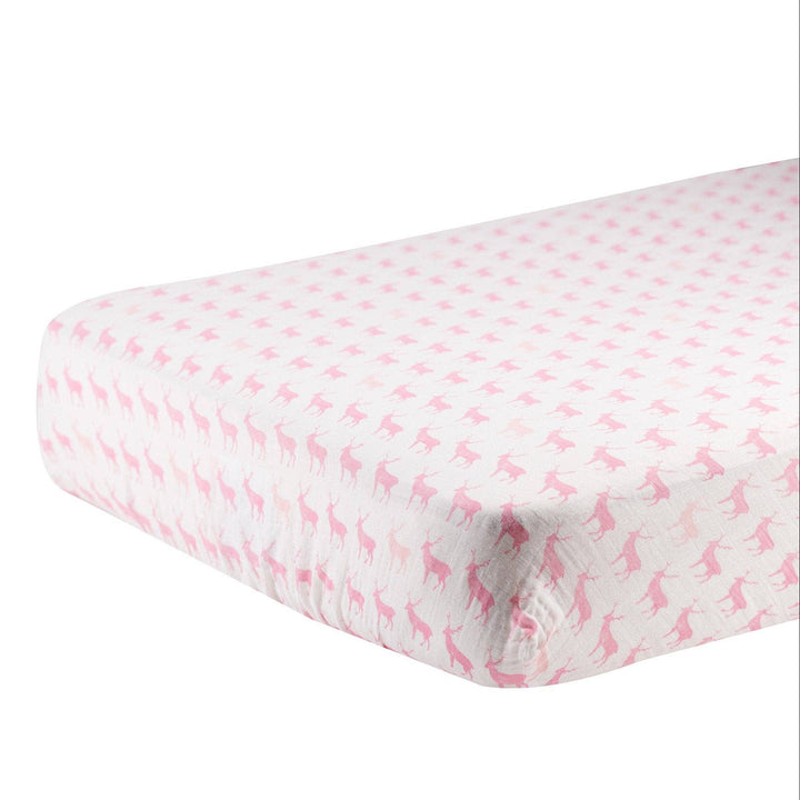 Pink Deer Cotton Muslin Crib Sheet