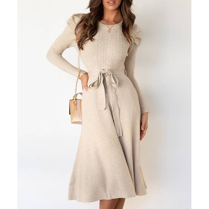 Cable Knit Midi Dress w/ Waist Tie
