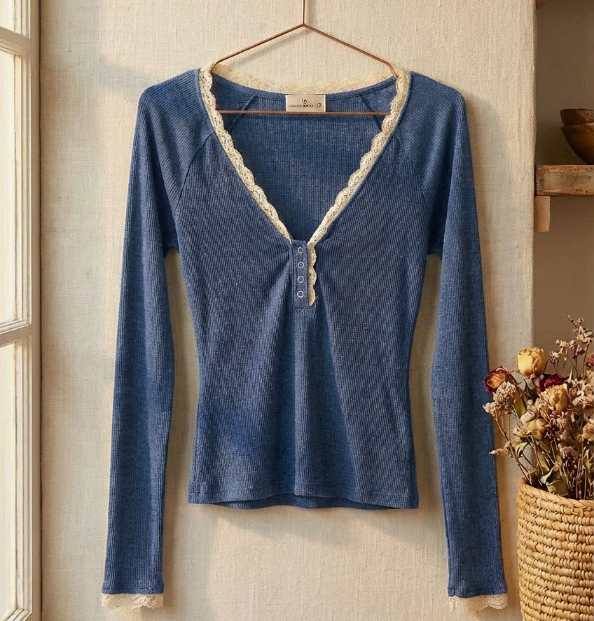 Blue w/ Lace Trim Slub Knit Henley Top